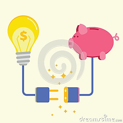 Piggy bank and lamp with electric plug socket. Commercial project or startup funding, donation, investment concept. Successful bu Vector Illustration