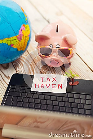 Piggy bank, laptop, globe,palm- tax haven concept Stock Photo