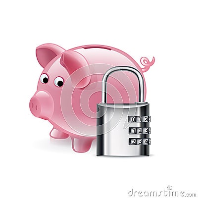 Piggy bank with lock icon on white Vector Illustration