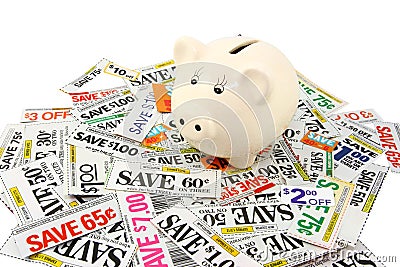 Piggy Bank With Many Grocery Coupons Stock Photo