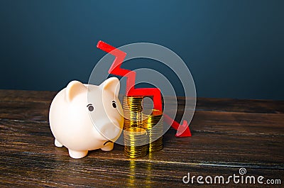 Piggy bank and money with an arrow down. Decrease in savings and reserves. Inflation and depreciation of assets. Falling income, Stock Photo