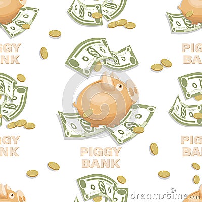 Piggy bank. Money. Dollars signs, gold coins. Money pattern. Falling money isolated Vector Illustration