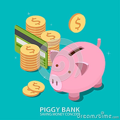 Piggy bank and money tower with credit card. Vector Illustration