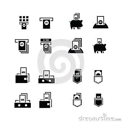 Piggy bank and money in wallet icons Stock Photo