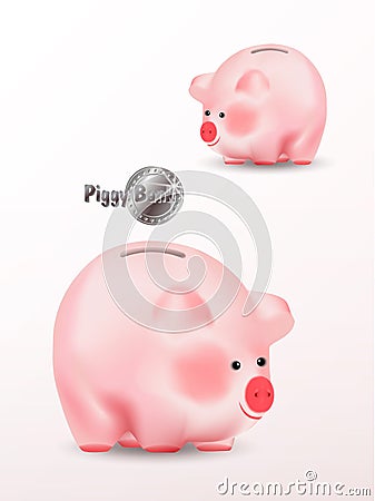 Piggy bank or moneybox. Realistic vector illustration isolated on white background. Cute pig eastern chinese symbol of 2019 year Cartoon Illustration