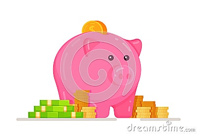 A piggy bank with mountains of coins and dollars. Piggy bank with coin vector illustration. Vector Illustration