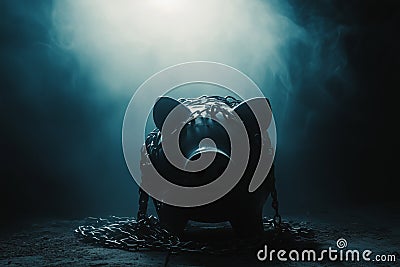 Piggy bank obscured by chains and locks in a dimly lit setting highlighting themes of security and restraint Stock Photo