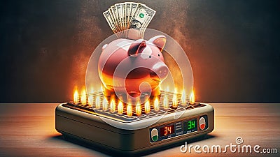 piggy bank resting on hot, depicting the concept of energy and heating costs Stock Photo