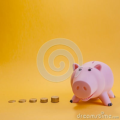 Piggy bank and rising coins chart Stock Photo
