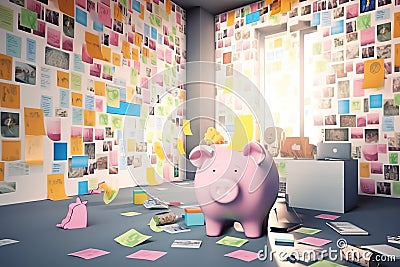 A piggy bank in a room with walls full of posters representing savings goals such as a car or a vacation AI generated Stock Photo