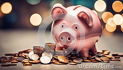 The piggy bank's overflow of coins illustrates savings and financial learning Stock Photo