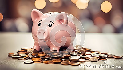 The piggy bank-s overflow of coins illustrates savings and financial learning Stock Photo