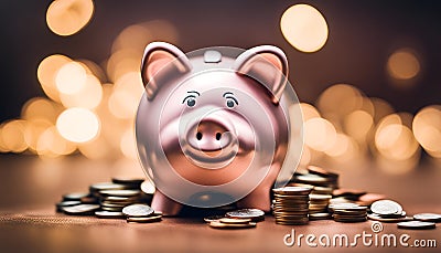 The piggy bank-s overflow of coins illustrates savings and financial learning Stock Photo
