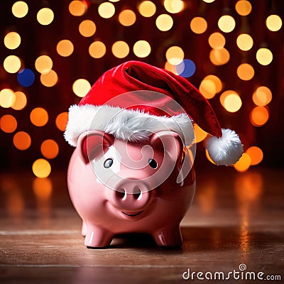 Piggy bank with Santa hat, showing concept of saving for holidays like Christmas Stock Photo