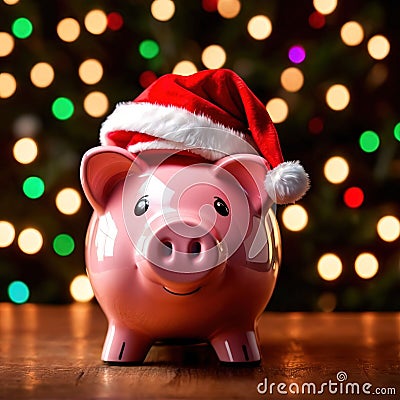 Piggy bank with Santa hat, showing concept of saving for holidays like Christmas Stock Photo