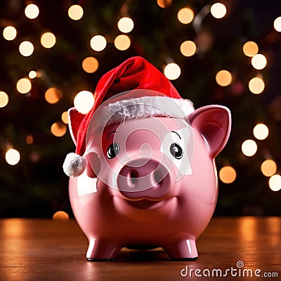 Piggy bank with Santa hat, showing concept of saving for holidays like Christmas Stock Photo