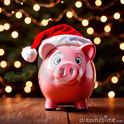 Piggy bank with Santa hat, showing concept of saving for holidays like Christmas Stock Photo