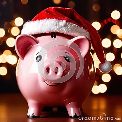 Piggy bank with Santa hat, showing concept of saving for holidays like Christmas Stock Photo