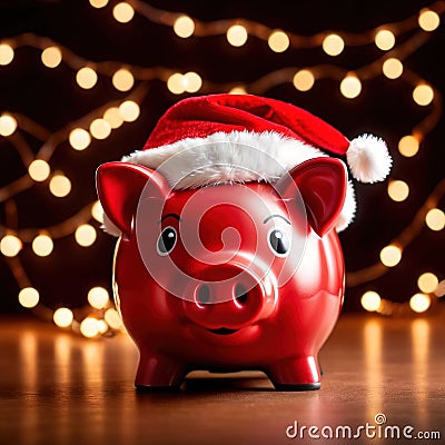 Piggy bank with Santa hat, showing concept of saving for holidays like Christmas Stock Photo