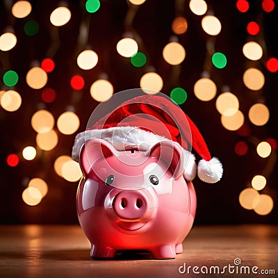 Piggy bank with Santa hat, showing concept of saving for holidays like Christmas Stock Photo