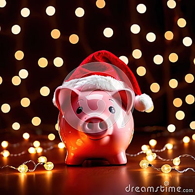 Piggy bank with Santa hat, showing concept of saving for holidays like Christmas Stock Photo