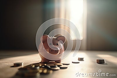 Piggy bank and saved up money coins Stock Photo
