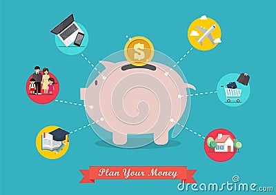 Piggy bank saving money portion for life Vector Illustration