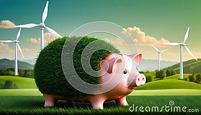 Piggy bank with savings deposits for sustainable, renewable wind power energy Stock Photo