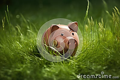 A piggy bank sits amidst the vibrant green grass of a serene field, symbolizing the act of saving money in harmony with nature., Stock Photo