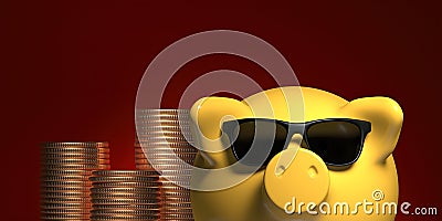 Piggy bank and stack coin on red background with copy space. saving money for future plan Stock Photo