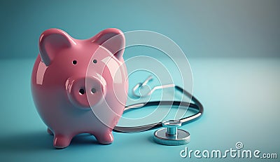 Piggy bank with stethoscope and heart isolated on light blue background with copy space. Health care financial checkup or saving Stock Photo