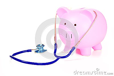 Piggy bank and Stethoscope Isolated on white background Stock Photo
