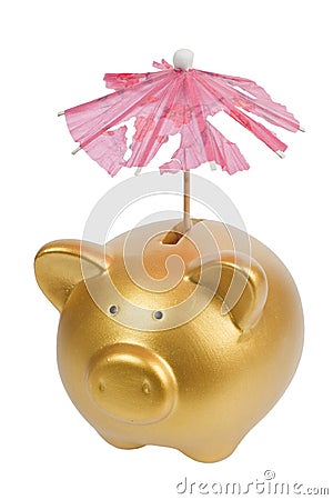 Piggy bank with tattered umbrella Stock Photo