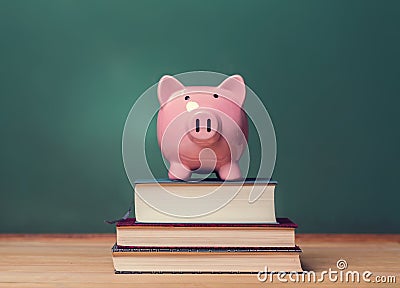 Piggy bank on top of books with chalkboard creating a cost of education theme Stock Photo