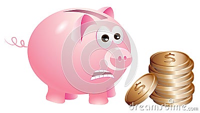 Piggy bank is unhappy with the bronze coins Vector Illustration