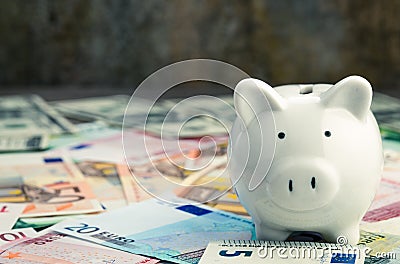 Piggy bank on various banknotes Stock Photo