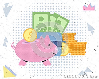 Piggy bank wallet dollars Cartoon Illustration