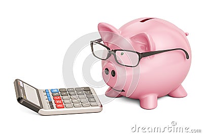 Piggy bank wearing eyeglasses with calculator, 3D rendering Stock Photo