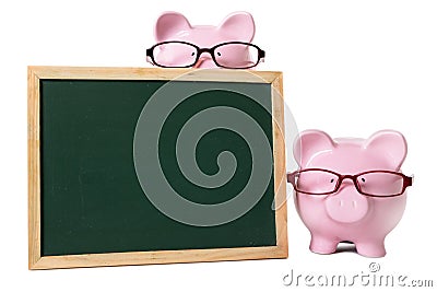Piggy bank blank blackboard glasses isolated copy space Stock Photo