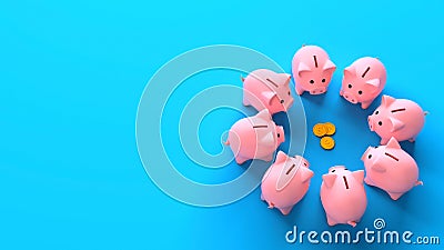 Piggy banks in a circle near money coins on a blue background. Profit sharing. Top view. Copy space for text. Separation Stock Photo