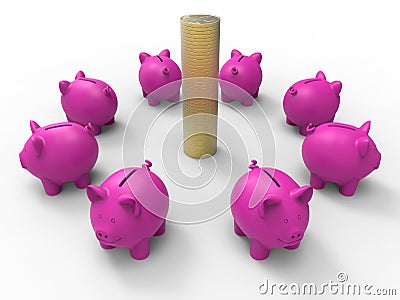 Piggy banks and coins stack Cartoon Illustration