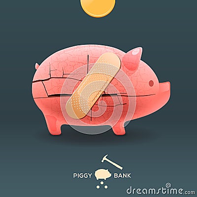 Piggy breaking moneybox with stuck a plaster Stock Photo