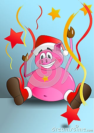 Happy, celebrating pig. Vector Illustration