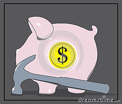 Piggy Dollar Bank with Hammer. Vector illustration. Vector Illustration