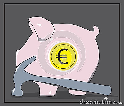 Piggy Euro Bank and Hammer. Vector illustration. Vector Illustration