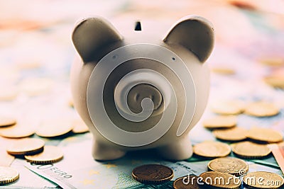 Piggy moneybox with euro cash Stock Photo