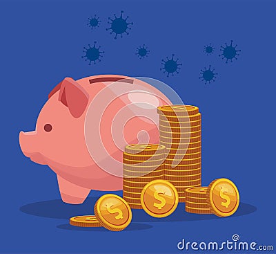 Piggy savings with coins money dollars Vector Illustration