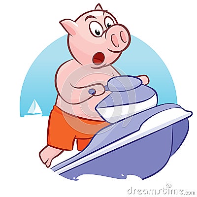 Piggy on a water bike jumping over the waves of the sea Vector Illustration