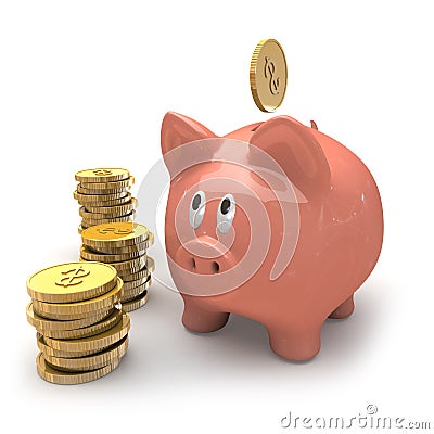 Piggybank and dollar gold coins. Stock Photo