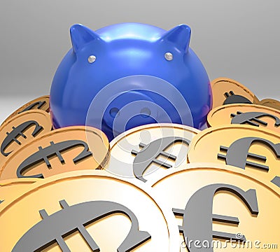 Piggybank Surrounded In Coins Showing European Savings Stock Photo